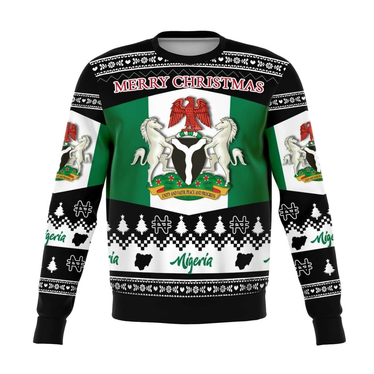 Unisex Nigeria Christmas sweatshirt, black with green panel and “Merry Christmas” graphic