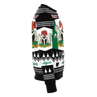 Unisex Nigeria Christmas sweatshirt, black side view with colorful holiday graphic bands