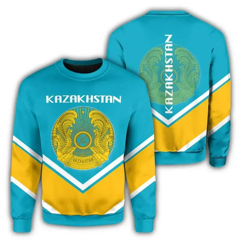 Unisex Kazakhstan sweatshirt, teal blue with gold crest and yellow lower panel