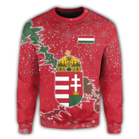 Red unisex sweatshirt front with Hungarian coat of arms, flag banner, snowflake pattern