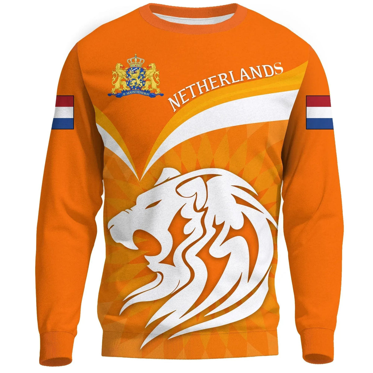 Orange unisex sweatshirt with Netherlands text and lion graphic on front