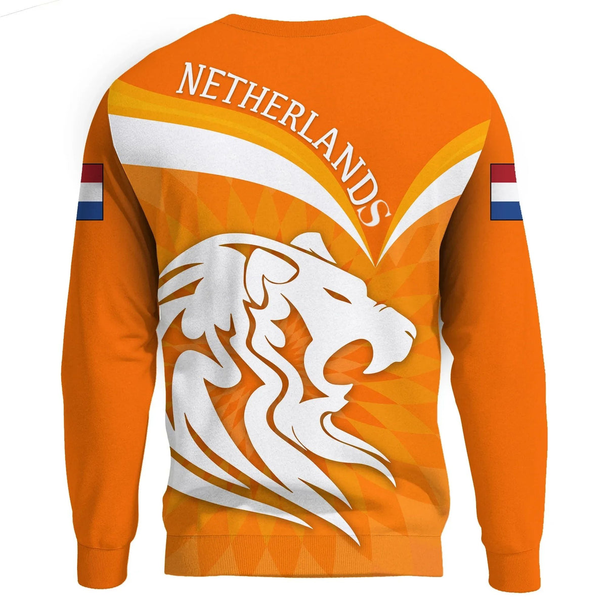 Orange unisex sweatshirt back view with curved NETHERLANDS text and lion print