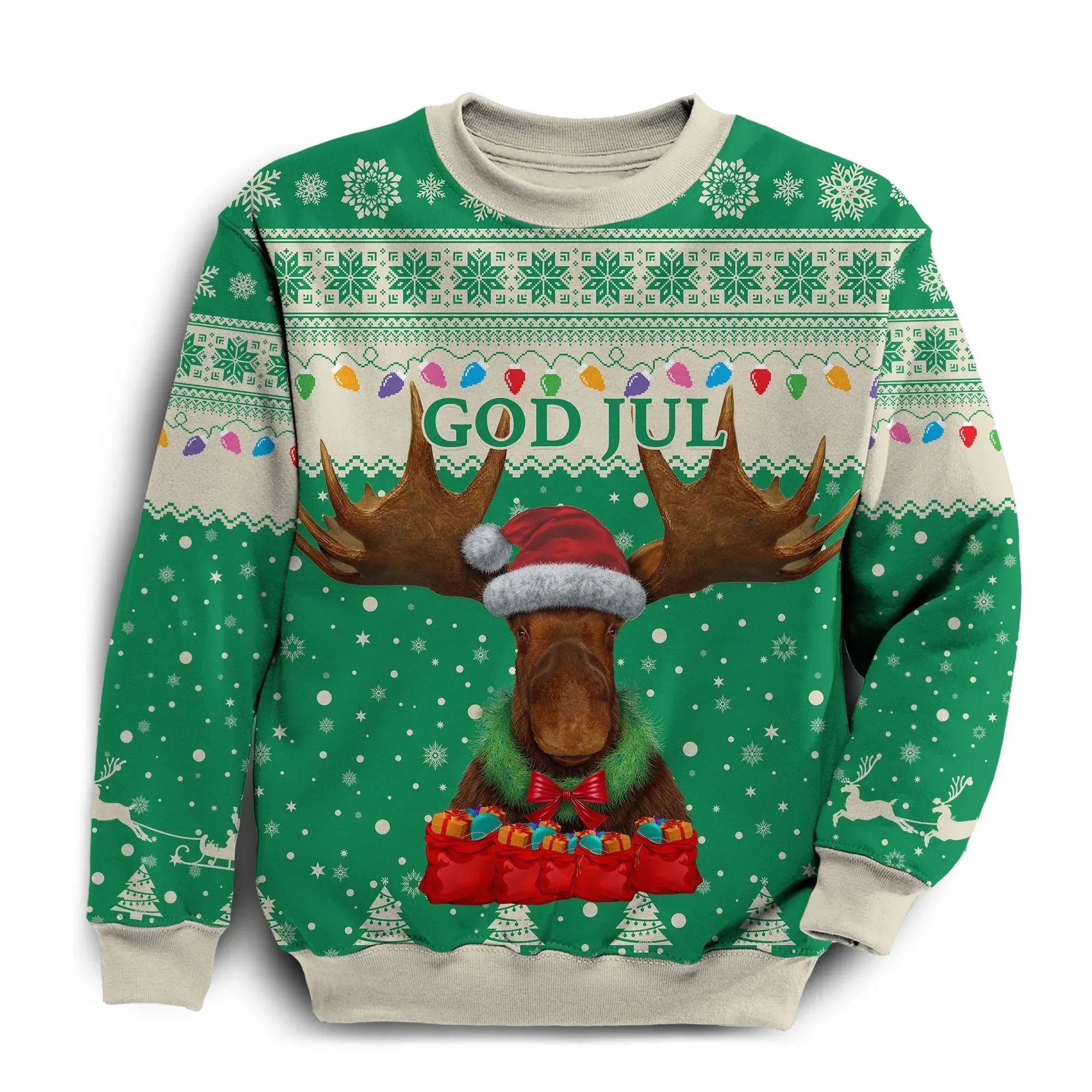 Sweden Christmas Sweatshirt Moose Green RLT7 - Wonder Print Shop