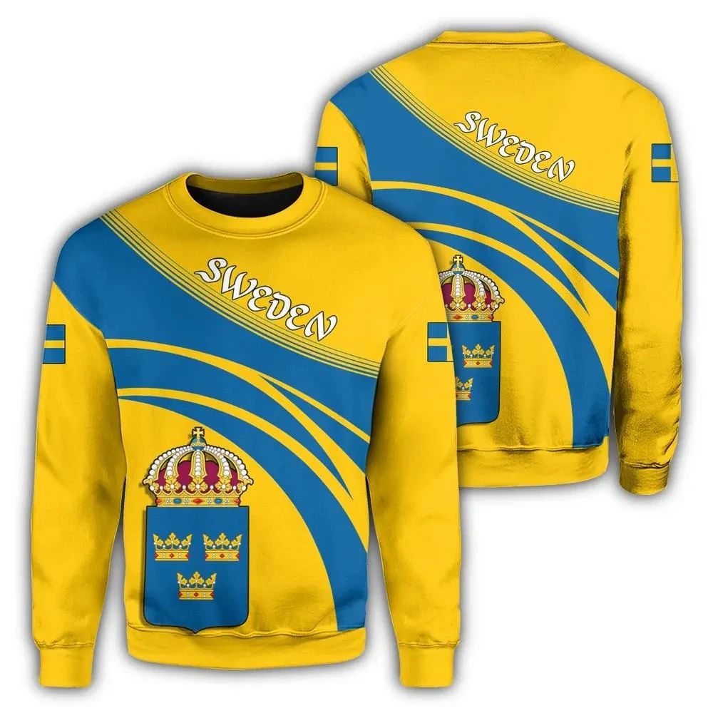 Yellow & blue sweatshirt with Sweden crest, diagonal stripes and 'Sweden' script