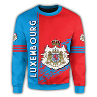 Crewneck pullover sweatshirt in red/blue with Luxembourg crest and vertical LUXEMBURG print