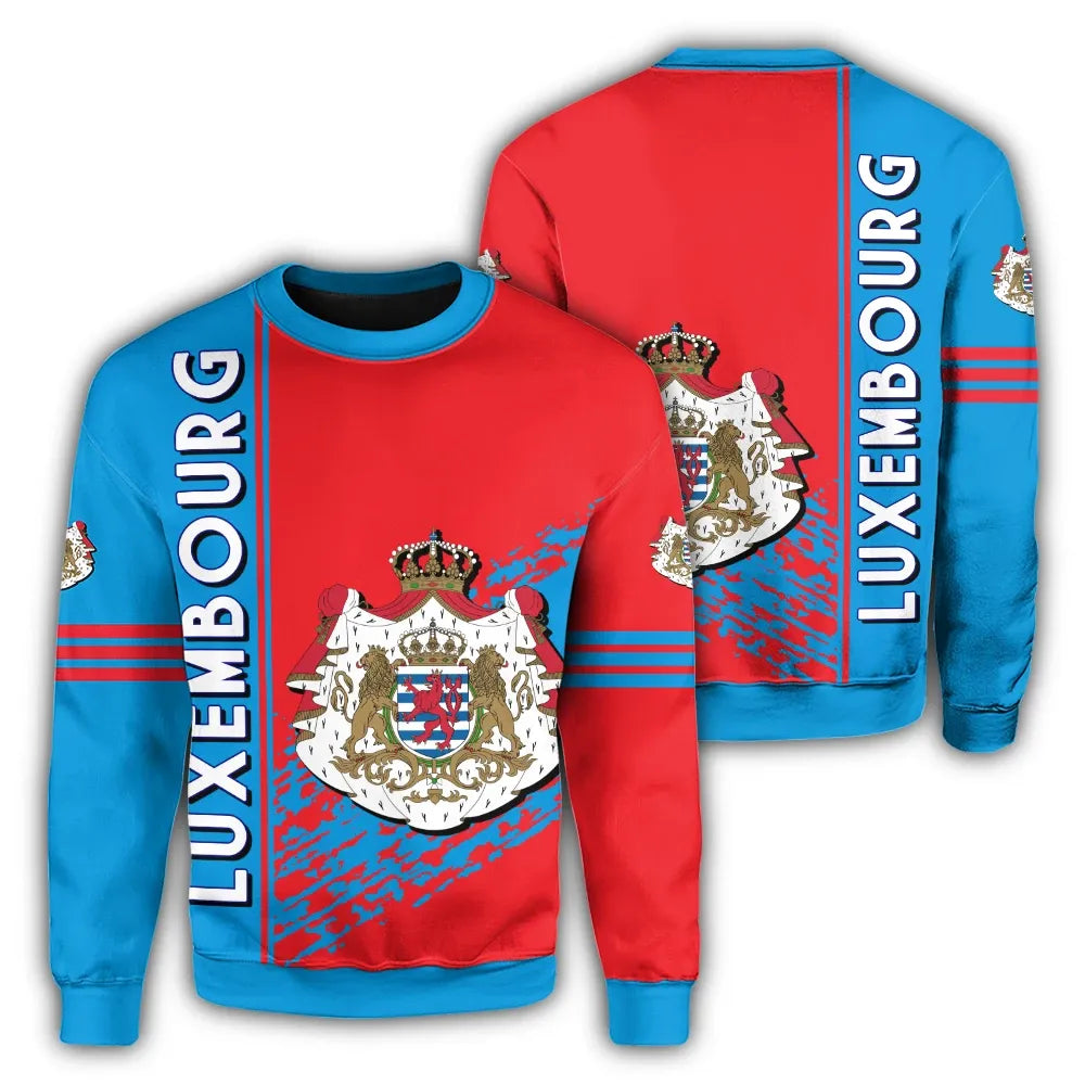 Unisex quarter-style sweatshirt, red/blue, Luxembourg crest and vertical LUXEMBURG text