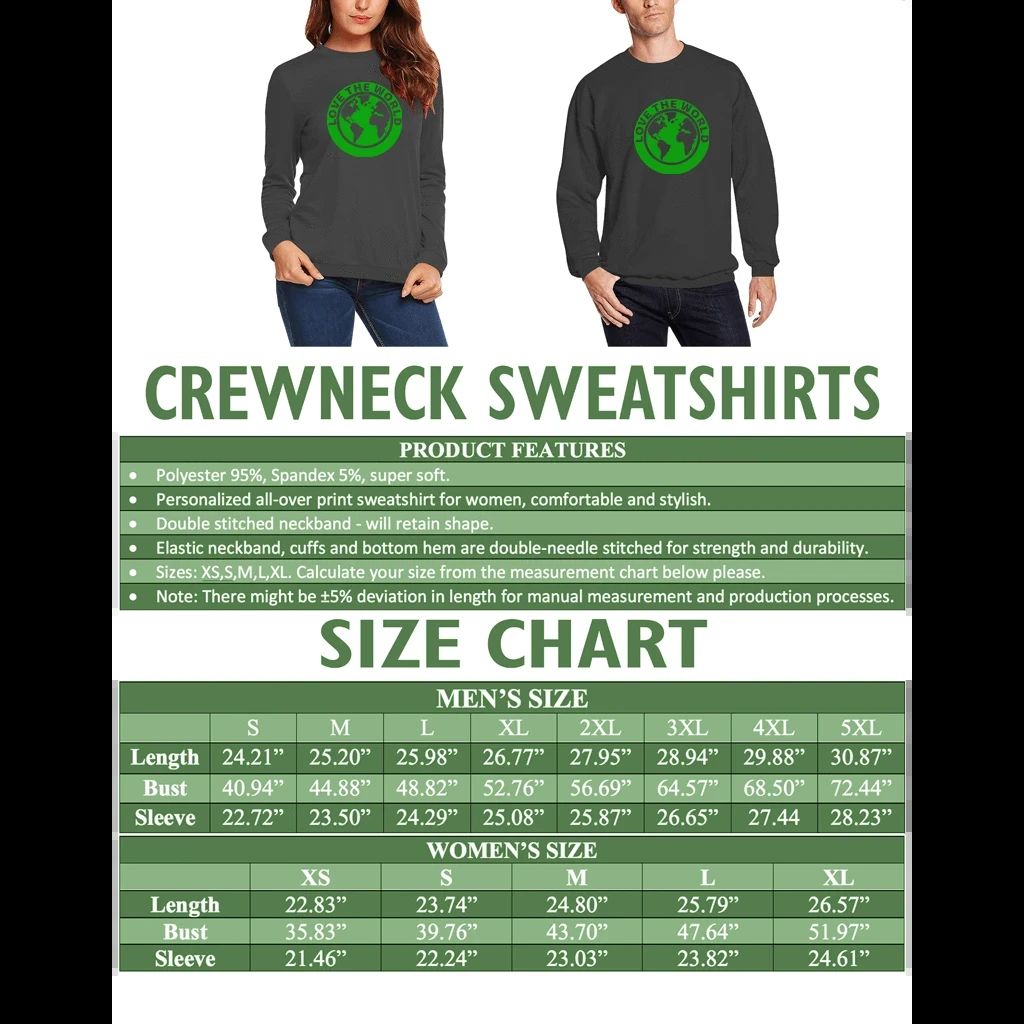 Crewneck sweatshirt size chart for men and women with length, bust, and sleeve measurements