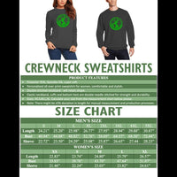 Crewneck sweatshirt size chart for men and women with length, bust, and sleeve measurements