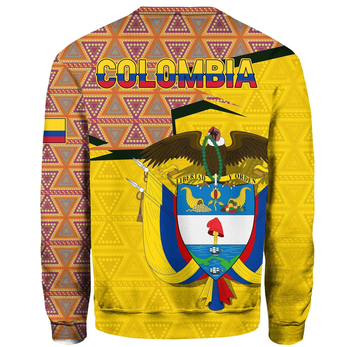 Back view Colombia crewneck sweatshirt with large “COLOMBIA” text and crest graphic