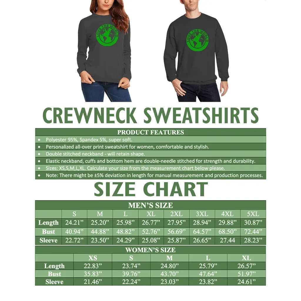Crewneck sweatshirt size chart for men and women, product features panel