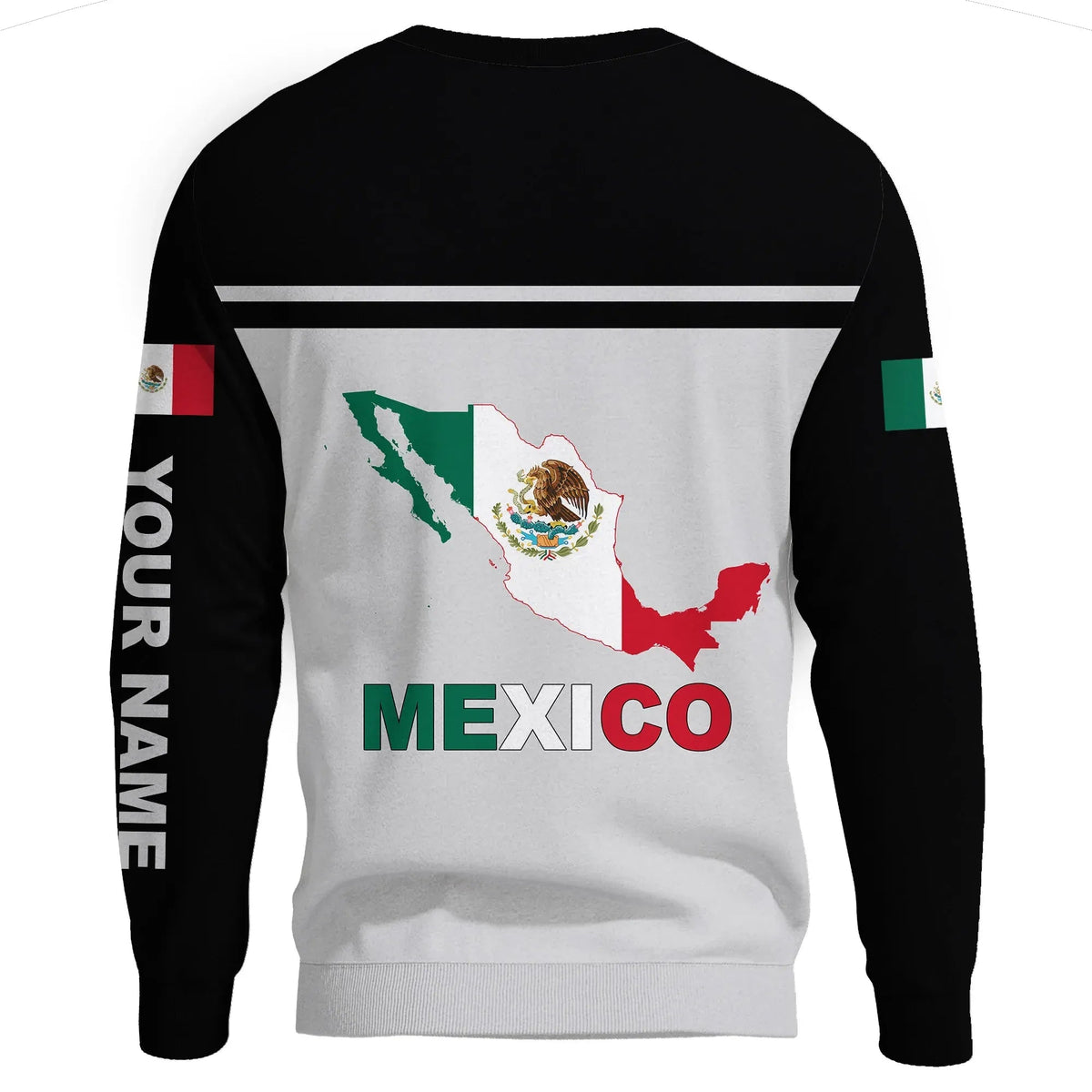 Unisex Mexico sweatshirt back: Mexico map, coat of arms, MEXICO lettering, black sleeves