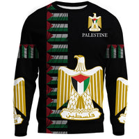 Black crewneck sweatshirt with Palestine graphic, eagle crest, and flag-striped sleeves
