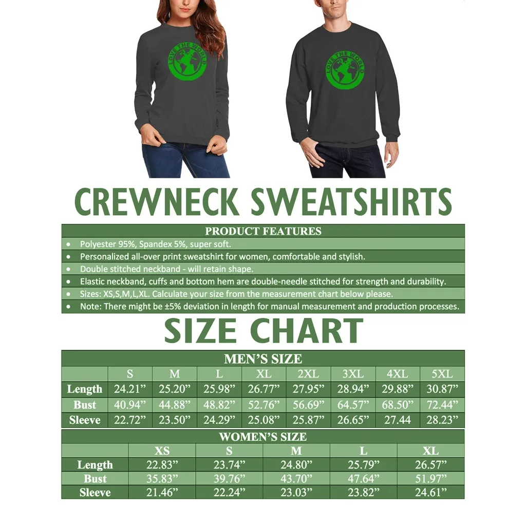 Crewneck sweatshirt size chart with models in dark shirts and green circular logo