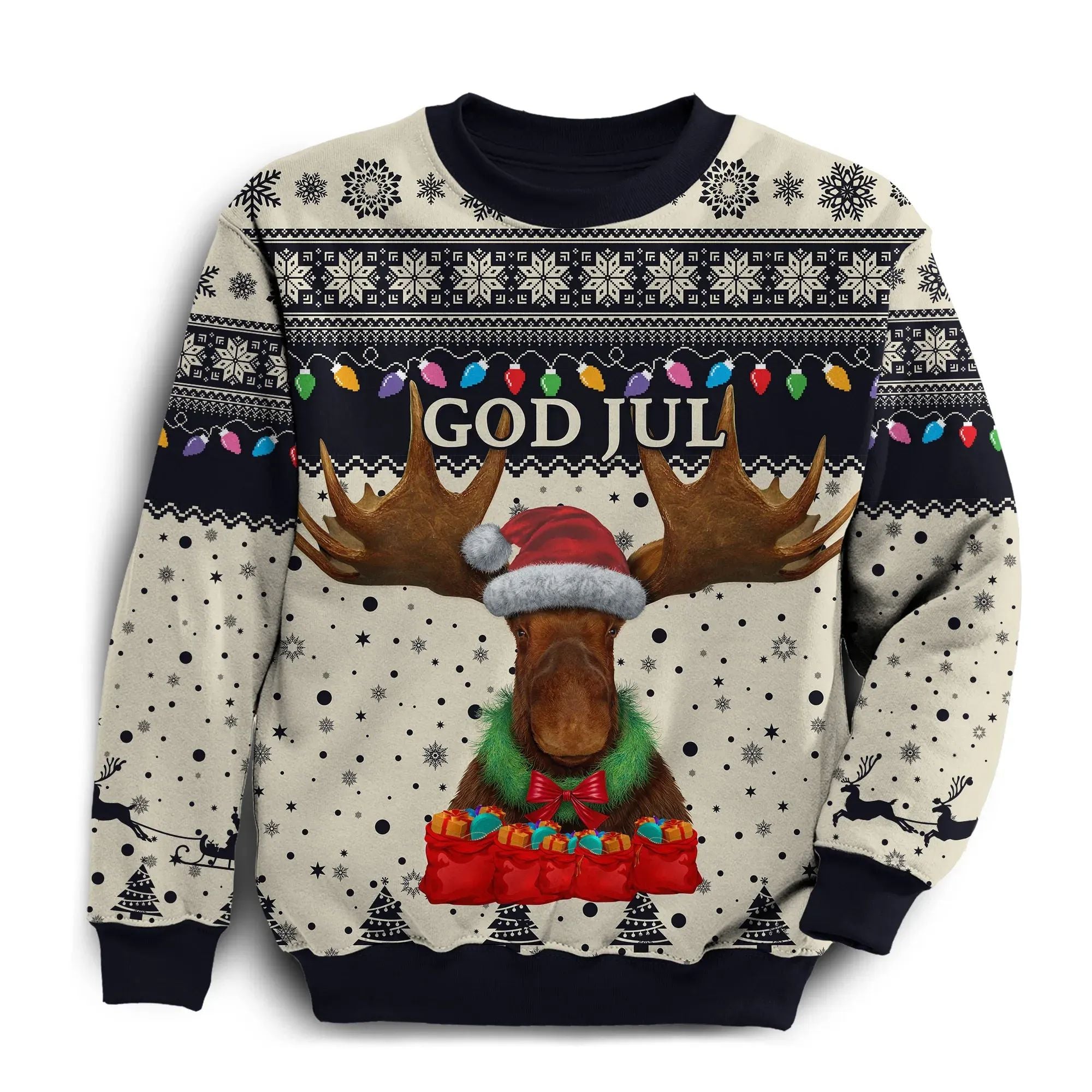 Sweden Christmas Sweatshirt Moose Beige Navy RLT7 - Wonder Print Shop