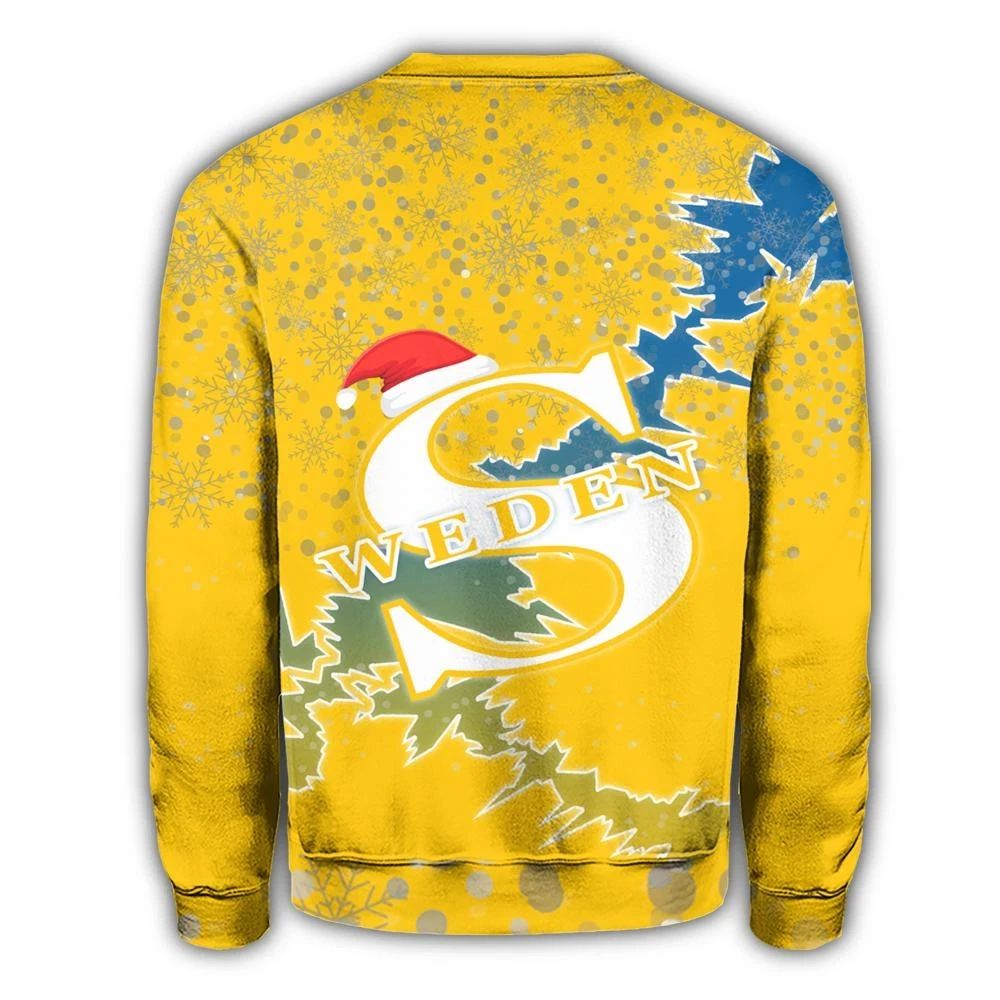 Yellow sweatshirt back print: 'SWEDEN' text with red Santa hat, long sleeves
