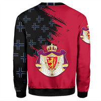 Norway flag-style sweatshirt back view, red and black with blue cross pattern and large crest