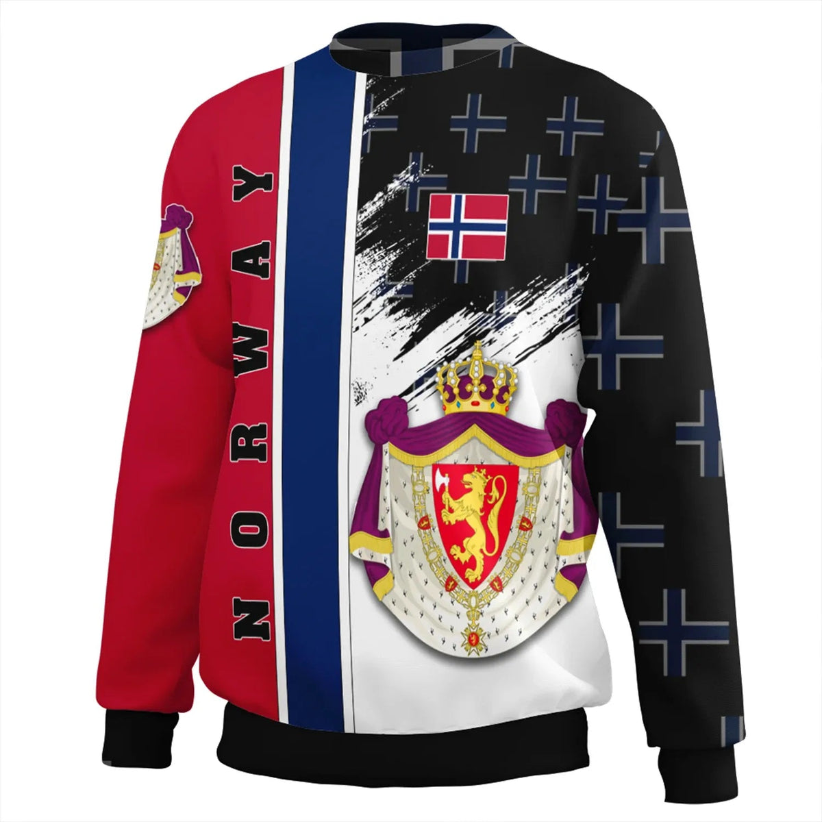 Norway flag-style sweatshirt back view detail, red sleeves with vertical text and crest on white panel