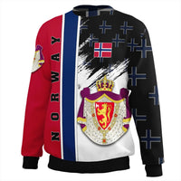 Norway flag-style sweatshirt back view detail, red sleeves with vertical text and crest on white panel