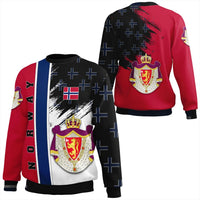 Norway flag-style sweatshirt pair view, front and back; red/black/blue crosses with coat of arms crest