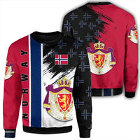 Norway flag-style sweatshirt, red and black with blue crosses and crest graphic; crew neck