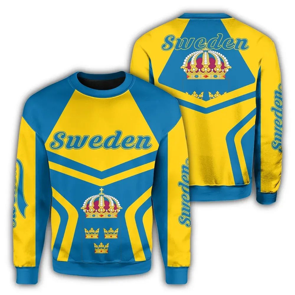Colorful Sweden-themed sweatshirt, front and back views, yellow/blue with crown graphic