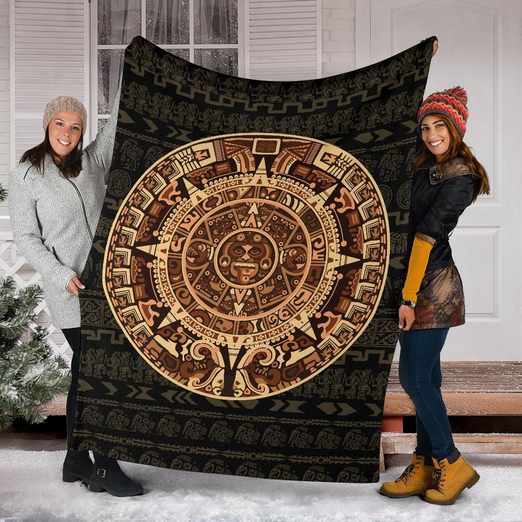 Dark throw blanket with large Mayan sun circle and tree of life illustration