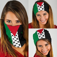 Palestine keffiyeh bandana, black face covering with white soccer pattern and red/green bands
