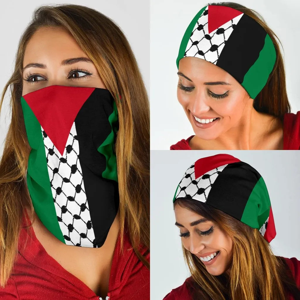 Palestine keffiyeh bandana worn by woman, black face mask with white soccer print and red/green