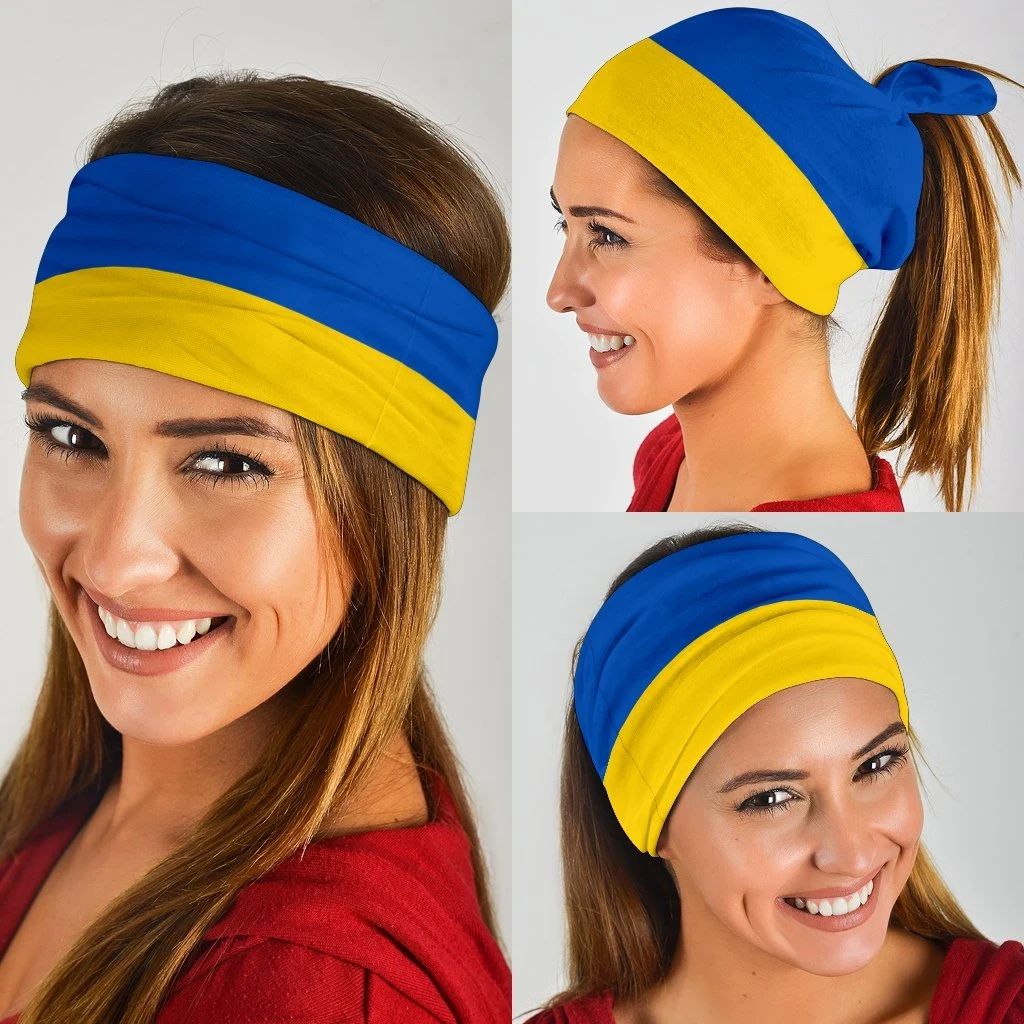 Blue and yellow Ukraine flag head bandana, worn around forehead and covering face