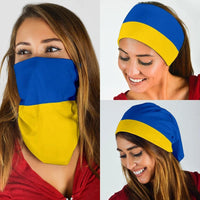 Blue and yellow Ukraine flag bandana covering lower face; worn on head