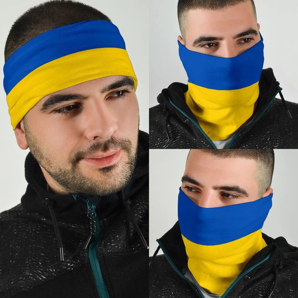 Blue and yellow Ukraine flag neck gaiter bandana set, worn by two people