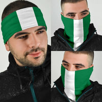 Nigeria flag neck gaiter bandana, green and white vertical stripes, fitted over head and chin