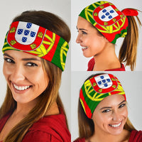 Portugal crest bandana worn as face covering and headband, green/red