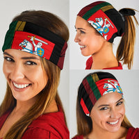 Lithuania neck gaiter worn, black with red crest panel and green/yellow stripe band
