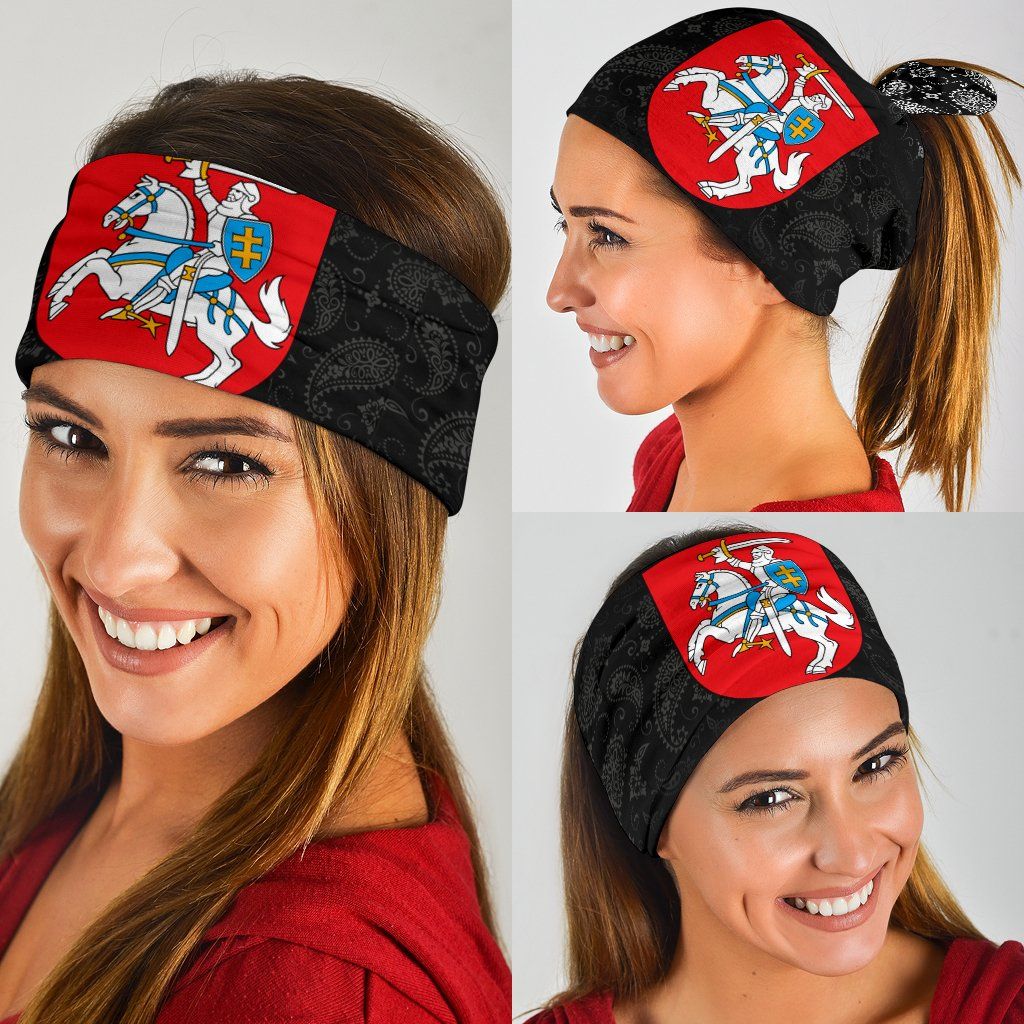 Black headband-style neck gaiter with Lithuania crest panel, worn by woman with ponytail.