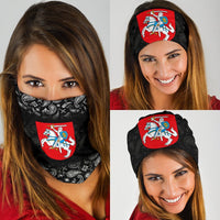 Black neck gaiter covering mouth and nose with Lithuania crest and white paisley print.
