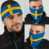 Blue Swedish flag bandana with yellow cross, adjustable-style face mask look