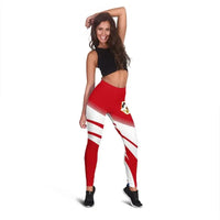 Full-length red and white striped leggings with crest patch at hip