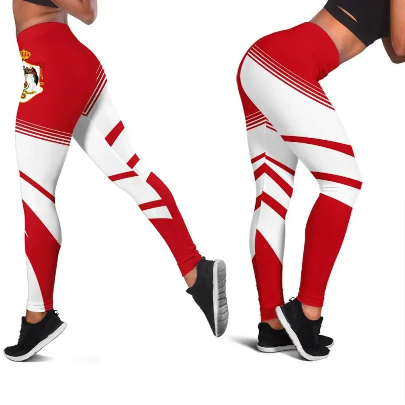 Red and white striped cricket leggings with crest logo at thigh
