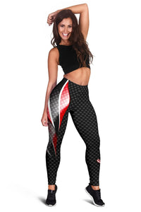 Women’s full-length leggings in black with red center stripe, white lightning-style accent