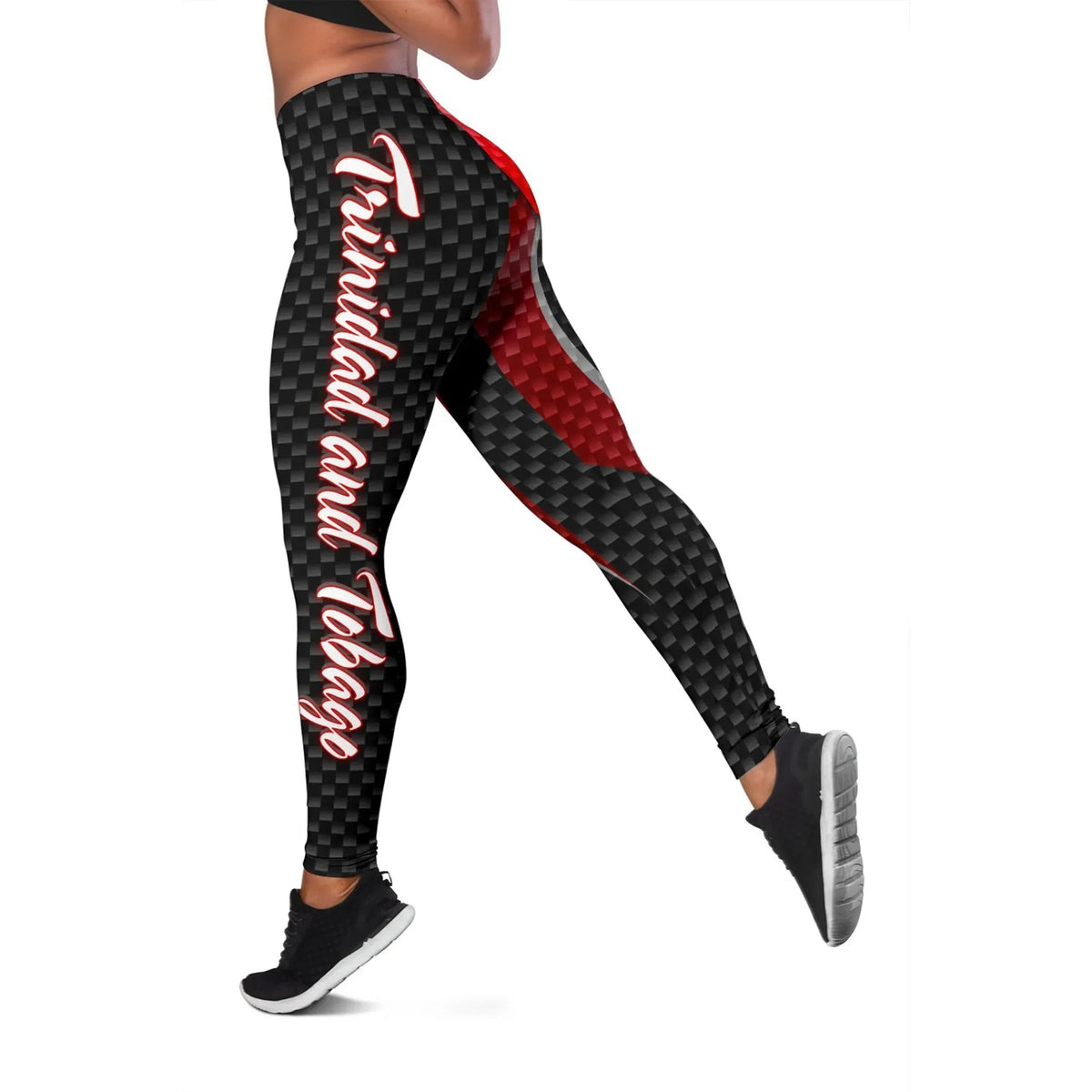 Women’s leggings with black carbon-fiber texture, red side stripe and white curved border