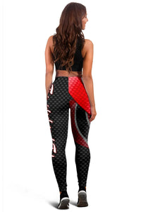 Women’s leggings, black carbon-fiber texture with red back panel and white curved accent