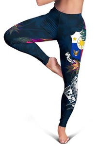 Women’s leggings close-up: dark blue tropical design with “PILIPINAS” text and crest.