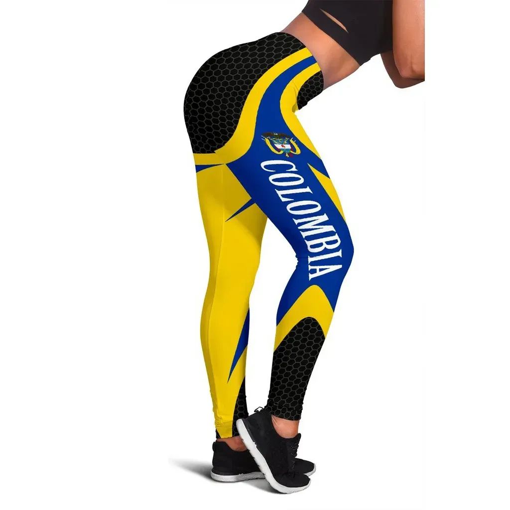 Colombia leggings in black, yellow and blue with hex pattern and 'Colombia' print