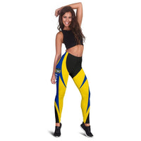 Wonder Print Shop advance leggings, full-body front: yellow, blue and black geometric print