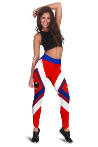 Full-length view of Chile leggings, red white blue multicolor flag pattern