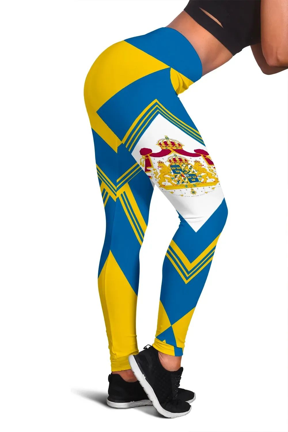 Colorful Sweden-style leggings in blue and yellow with chevron stripes and crest graphic