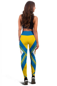 Back view blue and yellow leggings with geometric chevrons and crest detail at the hips