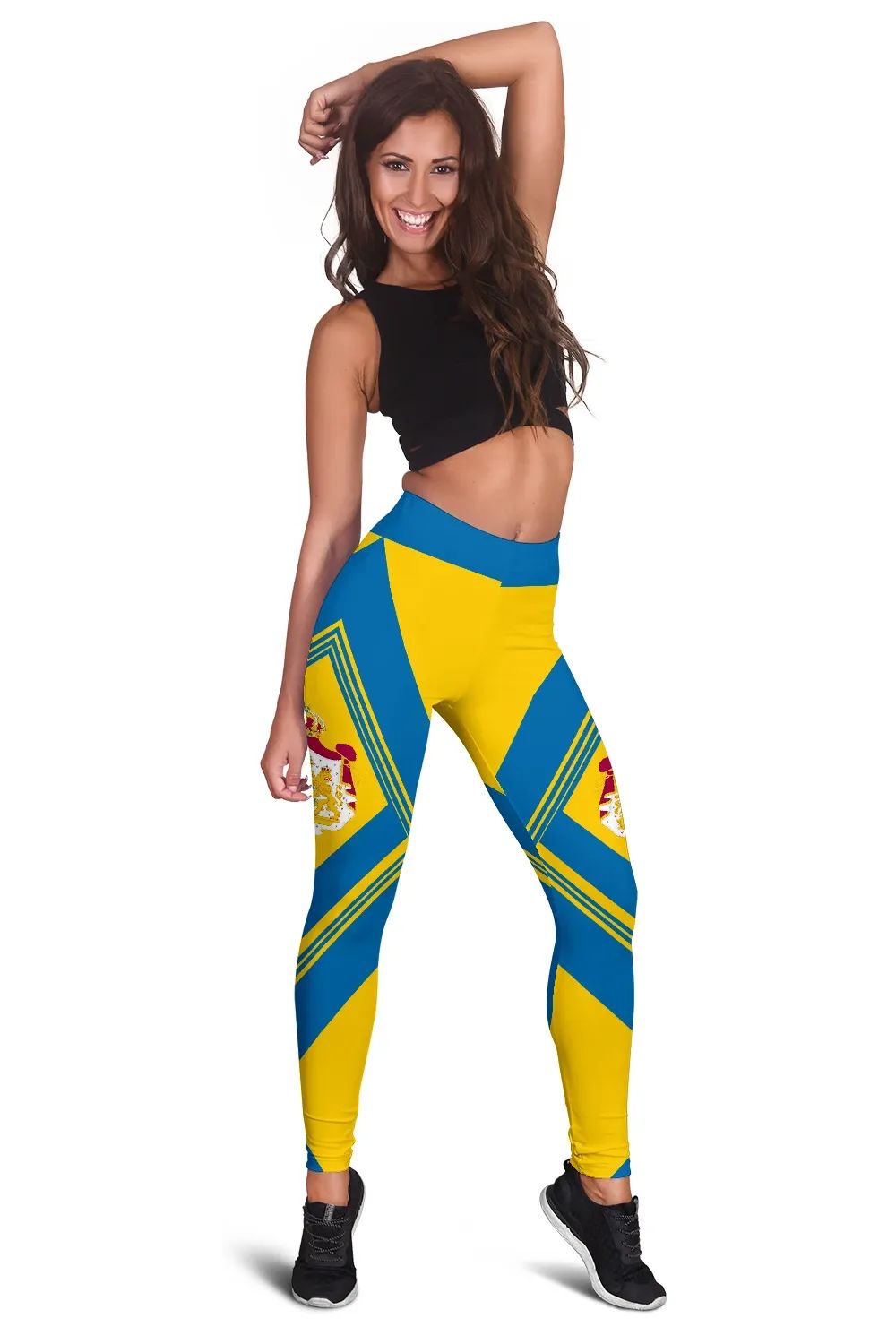 Yellow and blue patterned leggings, full length