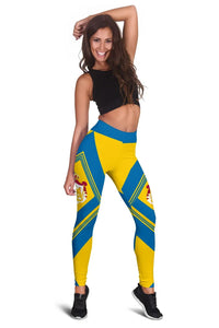 Yellow and blue patterned leggings, full length